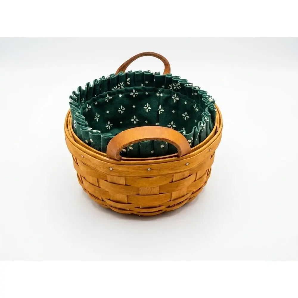 Vintage 1994 Longaberger Handwoven Round Basket - Leather Handles & Fabric Liner